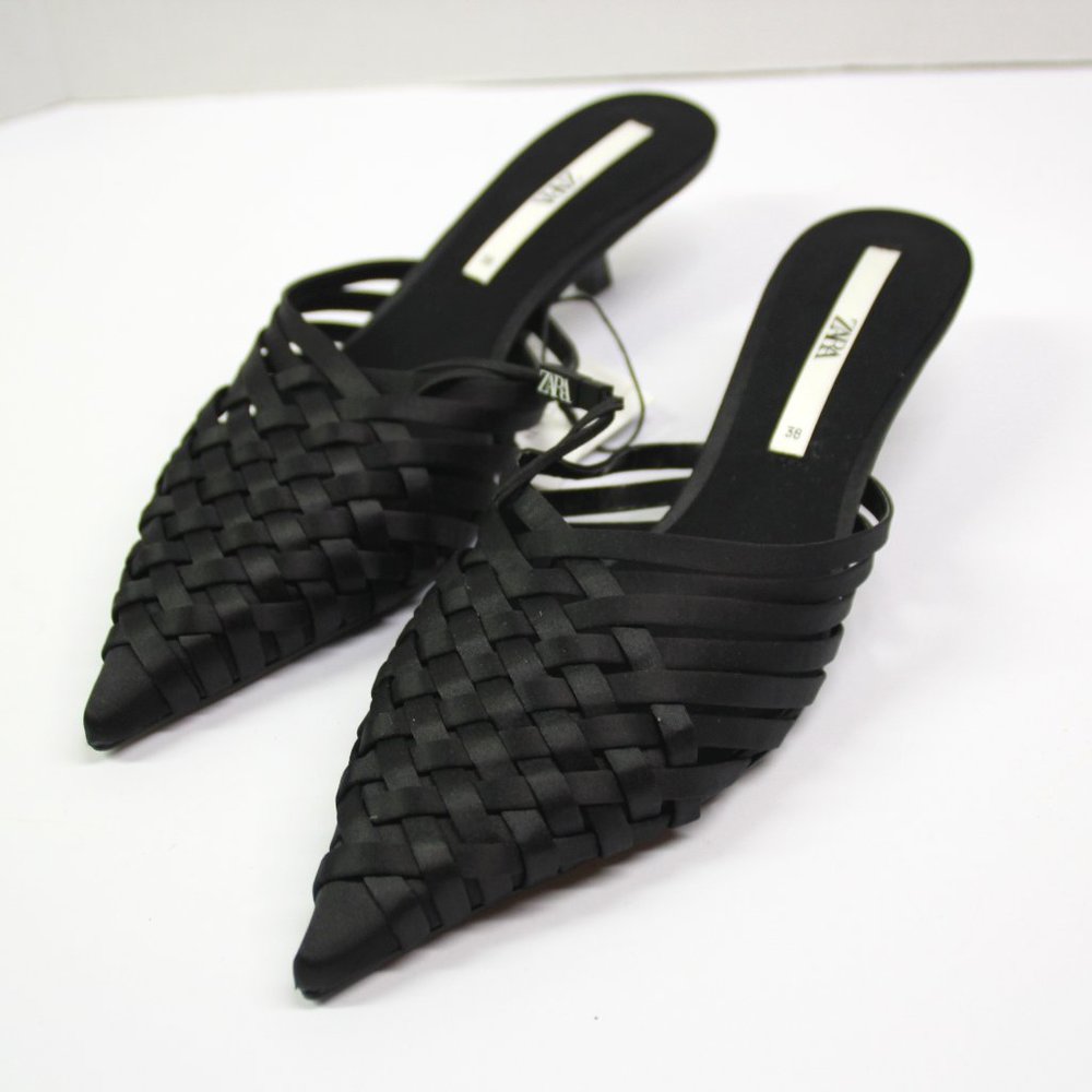 ZARA black kitten heels woven pointy toe formal shoes
